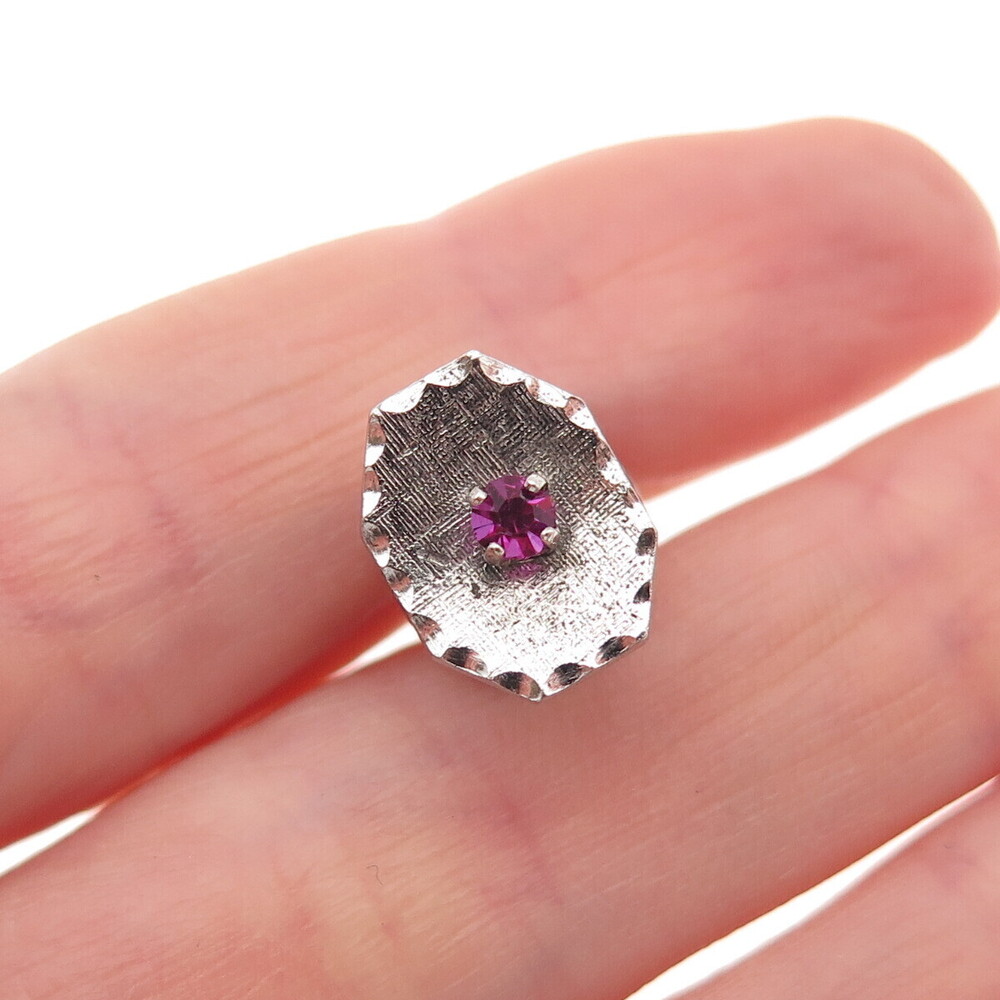 Elco 925 Sterling Silver Vintage Pink Rhinestone Tie Tack Lapel Pin